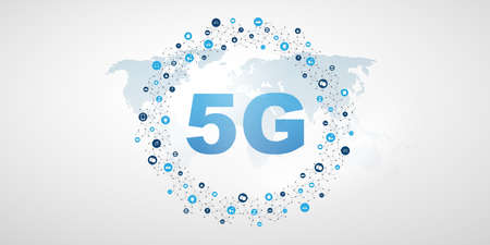 Blue 5G Network Label with Grey World Map and Circular Network Mesh - High Speed, Broadband Mobile...