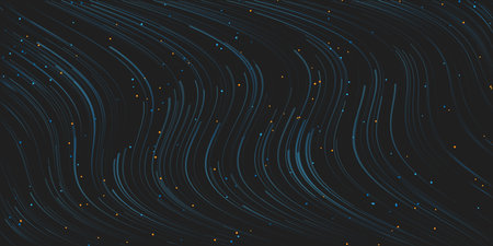 Dark Blue Moving, Flowing Stream of Particles in Curving, Wavy Lines - Starry Sky - Digitally Generated  Futuristic Abstract 3D Geometric Background Design, Generative Art in Editable Vector Formatのイラスト素材