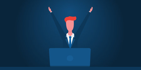 Success, Good News, Happiness, New Possibilities, Ideas,Hope, Creativity,Dreams - Happy Business Man, Company Leader in Suits Standing Behind a Laptop Computer with Arms Raised - Vector Design Conceptのイラスト素材
