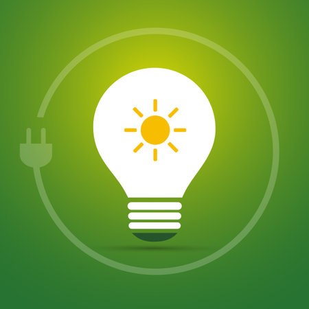 Sustainable Resources, Renewable, Reusable Alternative Green Solar Energy Concept with Bright Glowing Light Bulb,Sun Symbol Inside, Power Cord with Plug Around - Illustration in Editable Vector Formatのイラスト素材