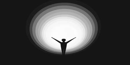 New Possibilities, Hope - Business Finding Solution Vector Concept - Businessman Standing in Dark, Symbol of Light at the End of the Tunnelのイラスト素材
