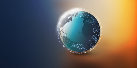 Modern Style Global Networks Structure, IT or Telecommunications Concept Design - Polygonal Network Connections in a Sunlit Earth Globe in Space - Creative Wide Scale 3D Vector Design with Copyspaceのイラスト素材