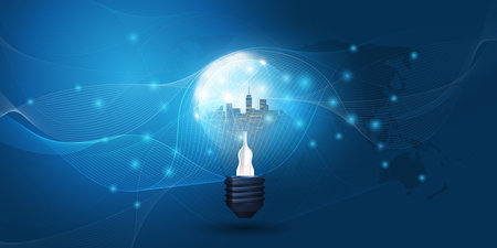 Cloud Computing, Electric and Global Network Connections Concept Design with City Skyline Inside a Glowing Light Bulb, Transparent Geometric Mesh and World Map - Illustration in Editable Vector Formatのイラスト素材