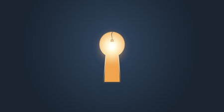Hope, Curiosity or New Solution, Idea Concept - Key Hole on Dark Blue Wall with Glowing Light of a Bulb Coming Through from the Other Side - Template for Business, Vector Design in Editable Formatのイラスト素材