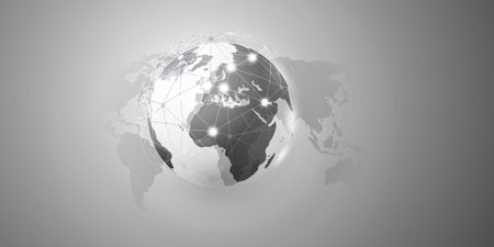 Black and White Cloud Computing and Global Networks Concept with Earth Globe and World Map - Abstract Global Digital Connections, Technology Background, Creative Vector Design Templateのイラスト素材