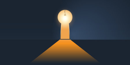 Hope, Curiosity or New Solution, Idea Concept - Key Hole Shaped Exit, Way Out on Dark Blue Wall with Glowing Light of a Bulb Coming Through from the Other Side - Template for Business, Vector Designのイラスト素材