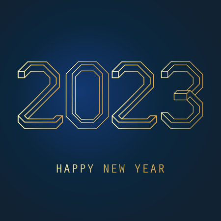 3D Lineart Style Golden and Dark Blue Modern Happy New Year Greeting Card, Creative Vector Design Template with Big Numerals - Multipurpose Vector Banner Template for Web, Year 2023のイラスト素材