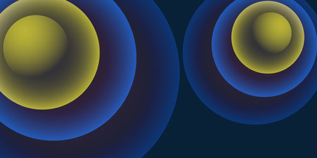 Abstract Blue and Yellow 3D Spiralling Funnels, Concentric Circles Pattern - Perspective, Colorful Spheres Design on Dark Blue Background, Vector Illustration with Copyspace, Place, Room for Your Textのイラスト素材