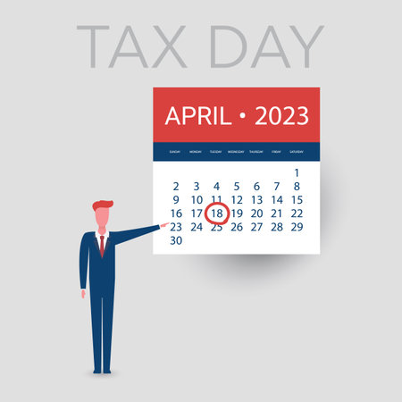 Tax Day Reminder Concept - Calendar Design Template - USA Tax Deadline, Due Date for Federal Income Tax Returns:18th April, Year 2023のイラスト素材