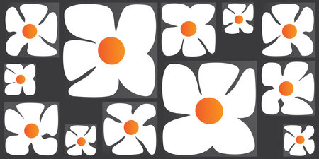 Simple, Retro Style Flowers of Various Sizes Pattern - Summer or Sping Theme from the 60s, 70s - White and Orange Colored Bold Vintage Texture on Dark Vector Backgroundのイラスト素材