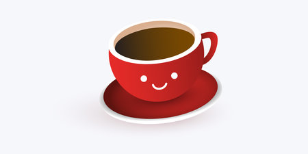 Red Cup Full of Brown Coffee with Cute Smiling Face on It - Design Template on Light Wide Scale Background - Vector Illustrationのイラスト素材