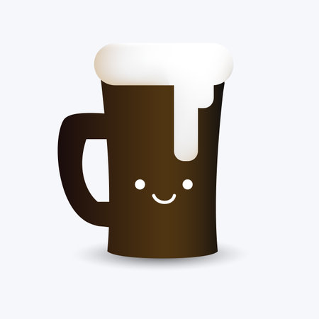 Black Beer Mug Full of Beer and Froth with Cute Smiling Face Symbol - Design Template on Light Grey Background - Vector Illustrationのイラスト素材