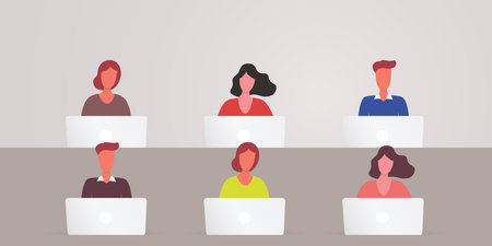 Vector Illustration of Flat Cartoon Characters Working in Office, Co-working Space, School Class or Workplace - People Work on Laptops, Sudents study Togetherのイラスト素材