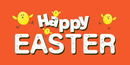Happy Easter Card Template - Big Text, Label, Jumping Funny Yellow Chicks Around on Red Background - Minimalist Wide Scale Design Perfect for a Poster, Cover, Banner or Postcard - Vector Illustrationのイラスト素材