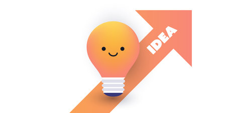 New Possibilities, Ideas, Hope, Dreams - Big Up Arrow Shape with Idea Label and Light Bulb with Smiling Face - Modern Style Business, Creativity Vector Concept Design with Copy Space, Place for Textのイラスト素材