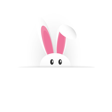 Isolated Happy Easter Template, Card Design - Funny Cute White Bunny with Long Ears Looking Out from Hiding - Design with Copyspace Isolated on White Background, Vector Illustrationのイラスト素材
