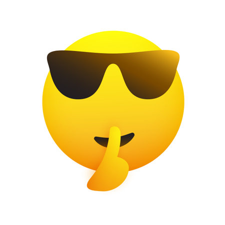 Keep Quiet! - Shushing Emoji with Sunglasses Gesturing - Asking for Be Quiet,Showing Make Silence Sign - Simple Emoticon for Instant Messaging Isolated on White Background - Vector Design Illustrationのイラスト素材