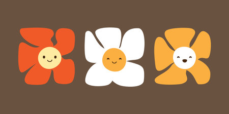 Set of Colorful Smiling Daisy Flowers on Brown Background - Cute Cartoon Characters - Vector Illustrationのイラスト素材