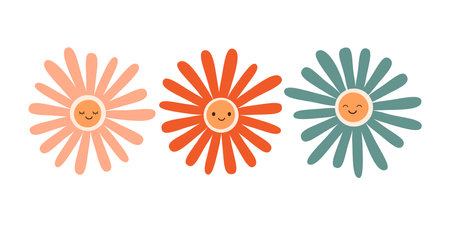 Set of Colorful Smiling Flower Heads  Isolated on White Background - Cute Cartoon Characters Clip-Art - Vector Illustrationのイラスト素材