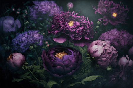 Epic purple peonies in the garden, atmospheric, hyper realistic creative image, greetings card background - Generative AIの素材