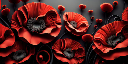 Red large poppy flowers on a dark background. Wallpaper made by Generative AIの素材