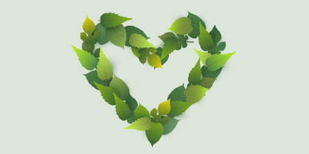 Leaves Colored in Different Shades of Green to Form a Heart - Advertising Design Template Decorated with Various Type of Leaves - Multi Purpose Design with Copyspace, Place, Room for Your Textのイラスト素材
