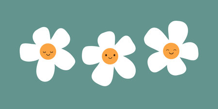 Set of Smiling White Daisy Flowers on Green Background - Cute Cartoon Characters - Vector Illustrationのイラスト素材