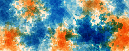 Abstract Colorful Pattern with Random Sized and Placed Heaps of Blue, Red and Brown Translucent Lit Square Shapes - Geometric Layered Wide Scale Texture - Vector Background Designのイラスト素材