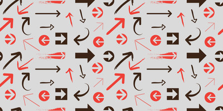 Various Randomly Placed, Colored and Shaped Red and Black 3D Arrow Symbols - Pattern of Various Sizes, Shapes and Orientation on Wide Scale Gray Background - Design Template in Editable Vector Formatのイラスト素材