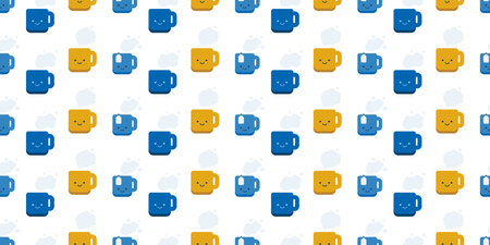 Seamless Blue and Brown Coffee and Tea Cup Symbols Pattern on Wide Scale Light Background - Design Template in Editable Vector Formatのイラスト素材