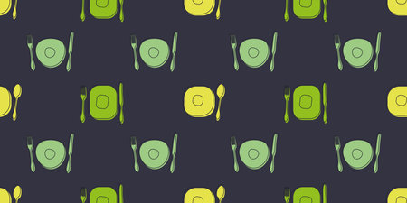 Seamless Cutlery Pattern Background - Rows of Many Retro Style Hand Drawn Fork, Spoon, Knife and Plate Symbols of Various Colors - Vector Illustration for Web or Menu Designsのイラスト素材