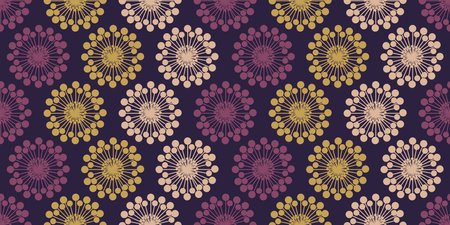 Many Rows of Colorful Large Flower Heads, Seamless Pattern Colored in Purple, Brown and Light Brown...