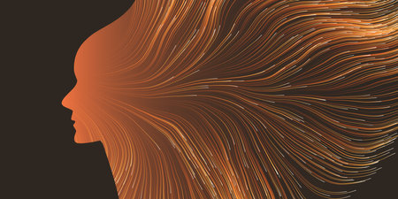 Dark Futuristic Artificial Technology Concept with Flow of Glowing Neural Connections Forming a Golden Human Face Profile, Dynamic 3D  Smart Tech Design with Digitally Generated Flowing Lines Patternのイラスト素材