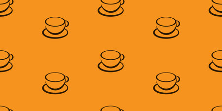 Many Orange and Brown Coffee Cup or Soup Bowl Symbols Seamless Pattern on Wide Scale Orange Background - Design Template in Editable Vector Formatのイラスト素材