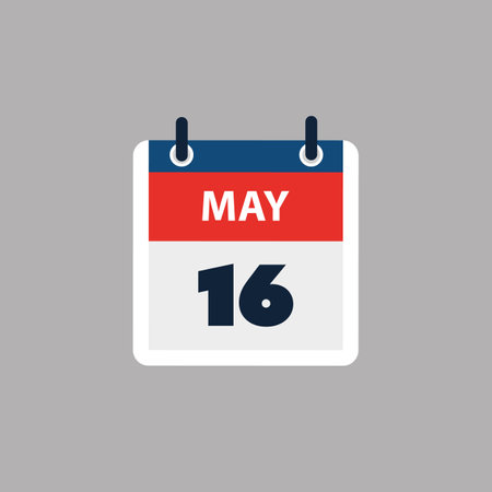 Simple Calendar Page for Day of 16th May - Banner, Graphic Design Isolated on Grey Background - Design Element for Web, Flyers, Posters, Useful for Designs Made for Any Scheduled Events, Meetingsのイラスト素材