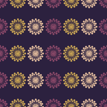 Many Rows of Colorful Large Flower Heads, Seamless Pattern Colored in Purple, Brown and Light Brown - Retro Style Texture, Vintage Style  Background, Design Element in Editable Vector Formatのイラスト素材