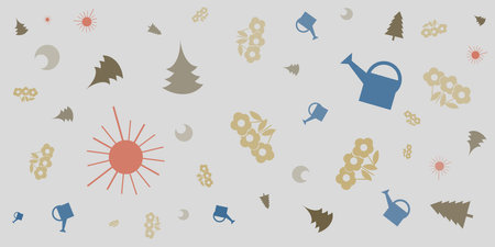 Colorful Seamless Texture of Colorful Flowers,Sun, Trees, Watering Cans and Crescent Moons - Pattern on Gray Wide Scale Background Seasonal Wallpaper Design, Template for Web in Editable Vector Formatのイラスト素材