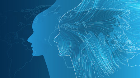 Machine Learning, Artificial Intelligence, Cloud Computing and Networks Design Concept with Geometric Network Mesh and Wavy Lines and Human Face Profile Silhouette - Global Connections with World Mapのイラスト素材