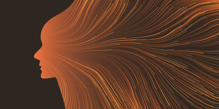 Dark Futuristic Artificial Technology Concept with Flow of Glowing Neural Connections Forming a Golden Human Face Profile, Dynamic 3D  Smart Tech Design with Digitally Generated Flowing Lines Patternのイラスト素材