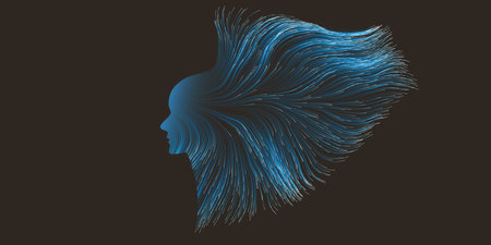 Dark Futuristic Artificial Technology Concept with Flow of Glowing Neural Connections Forming a Golden Human Face Profile, Dynamic 3D Smart Tech Design with Digitally Generated Flowing Lines Patternのイラスト素材