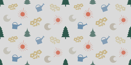 Colorful Seamless Texture of Colorful Flowers,Sun, Trees, Watering Cans and Crescent Moons - Pattern on Gray Wide Scale Background Seasonal Wallpaper Design, Template for Web in Editable Vector Formatのイラスト素材