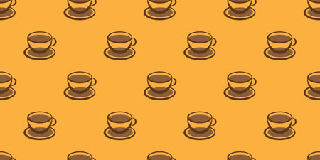 Many Brown Coffee Cup or Soup Bowl Symbols of Various Sizes - Seamless Pattern on Wide Scale Orange Background - Design Template in Editable Vector Formatのイラスト素材
