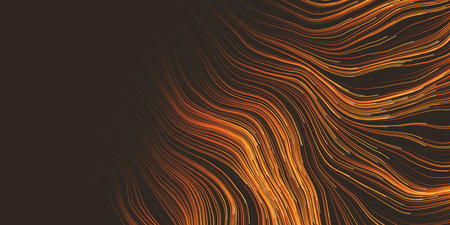 Golden and Brown Wavy Striped Abstract Background - Dark Colorful Moving, Flowing Stream in Curving Lines - Modern Style Digitally Generated Dark Futuristic Abstract Geometric Design Tempateのイラスト素材