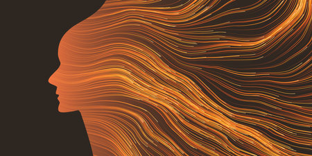 Dark Futuristic Artificial Technology Concept with Flow of Glowing Neural Connections Forming a Golden Human Face Profile, Dynamic 3D Smart Tech Design with Digitally Generated Flowing Lines Patternのイラスト素材