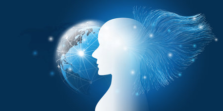 Futuristic Blue Machine Learning, Artificial Intelligence, Cloud Computing and Networks Design Concept with Earth Globe, Geometric Polygonal Network Mesh, Glowing Nodes and Human or Robot Silhouetteのイラスト素材