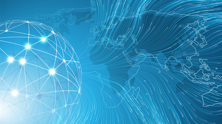 Futuristic Bright Global Technology, Networking and Cloud Computing Design Concept with Bright Polygonal Globe, Flow of Data and World Map - Digital Network Connections, Technology Background Vectorのイラスト素材