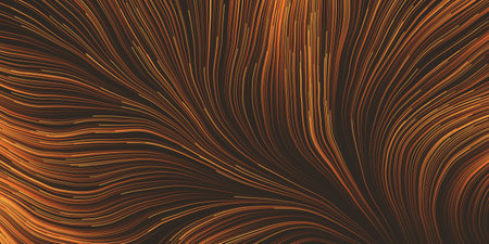 Orange and Brown Moving, Flowing Stream of Particles in Curving, Wavy Lines - Digitally Generated Futuristic Abstract 3D Geometric Striped Background Design, Generative Art in Editable Vector Formatのイラスト素材