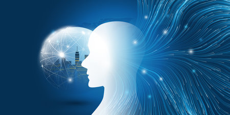 Blue 3D Machine Learning, Artificial Intelligence and Neural Networking Design Concept with Human or Robot Head Silhouette, Network Mesh, Wavy Lines of Neural Networks, Connections to the Brain Centerのイラスト素材