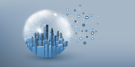 Futuristic Smart City, IoT and Cloud Computing Design Concept with Polygonal Mesh, Cluster and Nodes - Cityscape Skyline in a Glass Globe - Digital Network Connections, Technology Vector Backgroundのイラスト素材