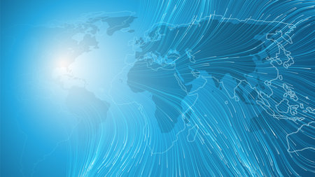Futuristic Bright Global Technology, Science and Networking Design Concept with World Map and Wavy Flow of Energy Lines - Background, Vector Templateのイラスト素材